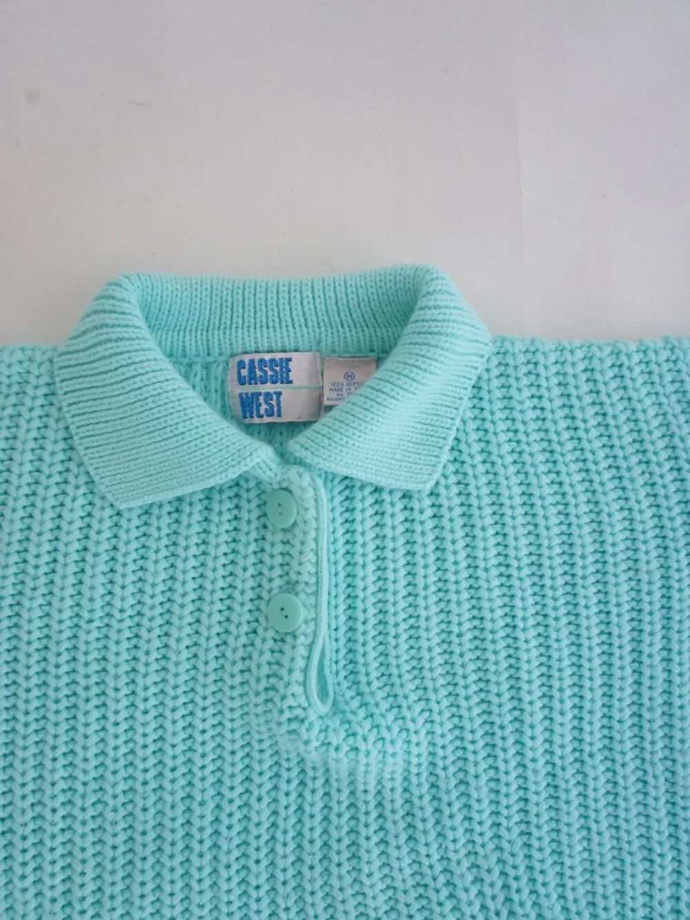Vintage Cassie West Aqua Ribbed Collared Button Grandpa Knit Tennis Sweater M - Picture 8 of 8